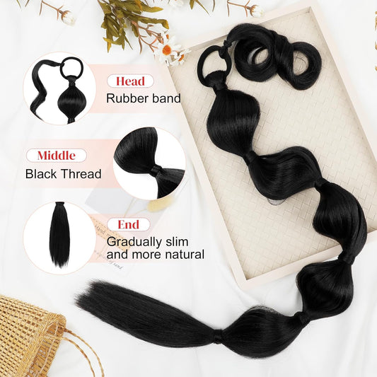 Bubble Ponytail Extension for Women,28 Inch Long Braided Wrap around Synthetic Hair with Leather Cord, Straight Afro Puff, Braided Ponytail Extension Black