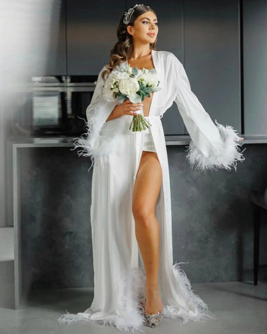 Fur Robe for Women Wedding Morning Robe Side High Split Sexy Pajamas Bride Silk Robe Long Feather Sleeve Female Elegant Dress