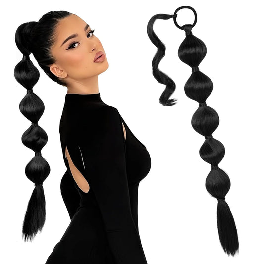 Bubble Ponytail Extension for Women,28 Inch Long Braided Wrap around Synthetic Hair with Leather Cord, Straight Afro Puff, Braided Ponytail Extension Black